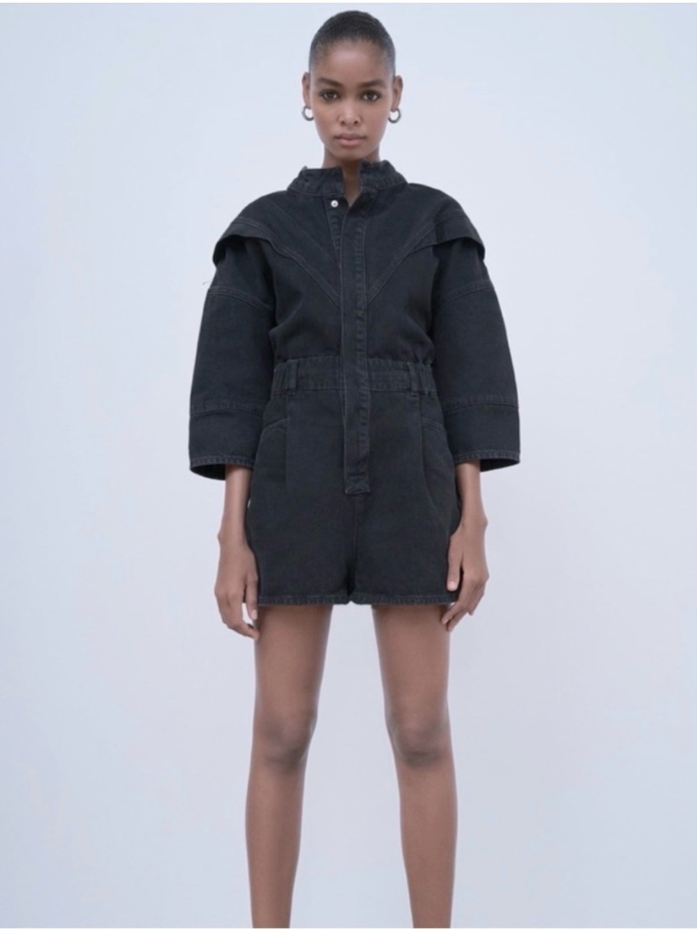 Zara Black Denim Jean Romper Long Sleeve Size US Small